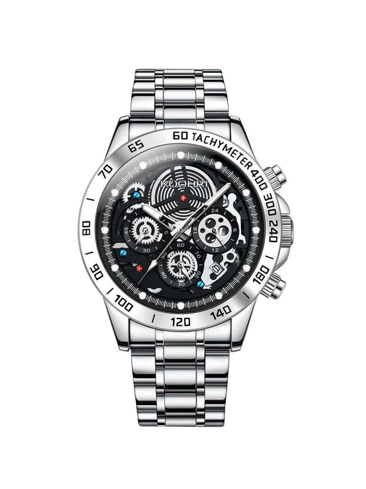KOOHRI 6797 Stainless Steel Chronograph Black Dial Waterproof Luminous Multifunction Quartz Watch